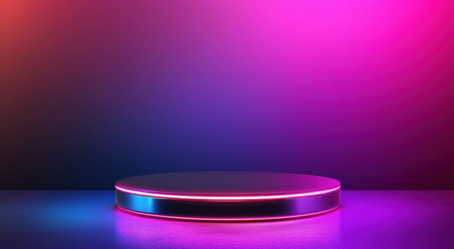 futuristic display platform with vibrant neon lighting creates engaging atmosphere. circular stage is illuminated with pink and blue hues, perfect for showcasing products or performances