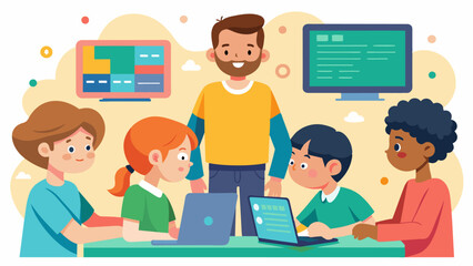 In a community center a group of young students gather around a volunteer mentor eager to learn how to code using the userfriendly interface of Scratch.. Vector illustration