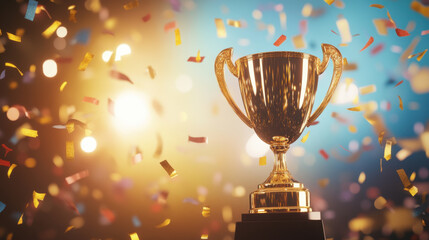 Obraz premium golden trophy surrounded by colorful confetti, symbolizing victory and celebration. vibrant background enhances festive atmosphere, making it perfect for awards and achievements