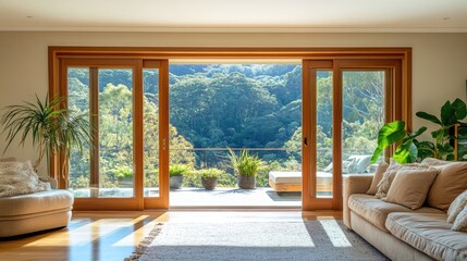 Fototapeta premium Wide wooden bifold doors revealing a bright and airy living room.