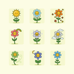 Nine Cute Cartoon Flowers with Seasonal Expressions