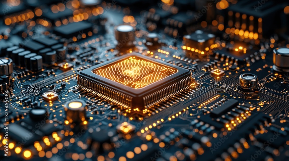 Poster close-up of illuminated cpu on circuit board.