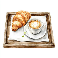 Watercolor croissant and latte on tray create cozy, comforting mood