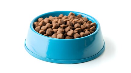 Dry cat food in a blue bowl isolated on white