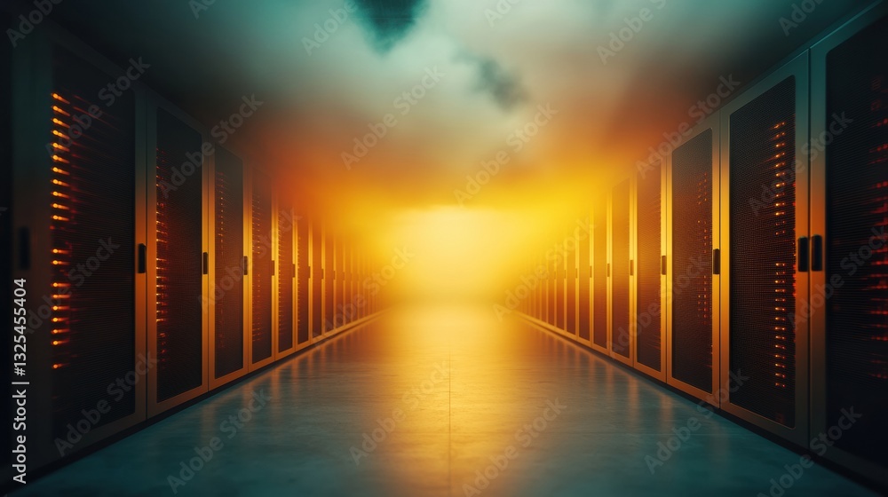 Poster mysterious hallway with illuminated data storage units.