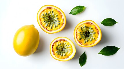 Flat lay of Yellow passion fruit with cut