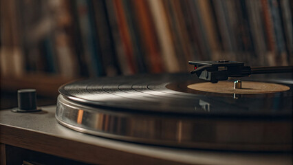Close-up of a vinyl record spinning on a turntable, symbolizing music collection and nostalgia, with blurred album covers in the background. Music and retro concept.