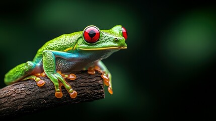 Fototapeta premium A vibrant green frog with large red eyes rests on a branch
