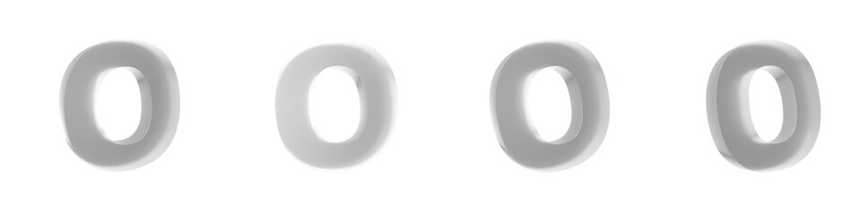 Set of 4 3d white frosted glass of letter o shapes isolated on a transparent background. Lower case. 3d education elements for graphic design.