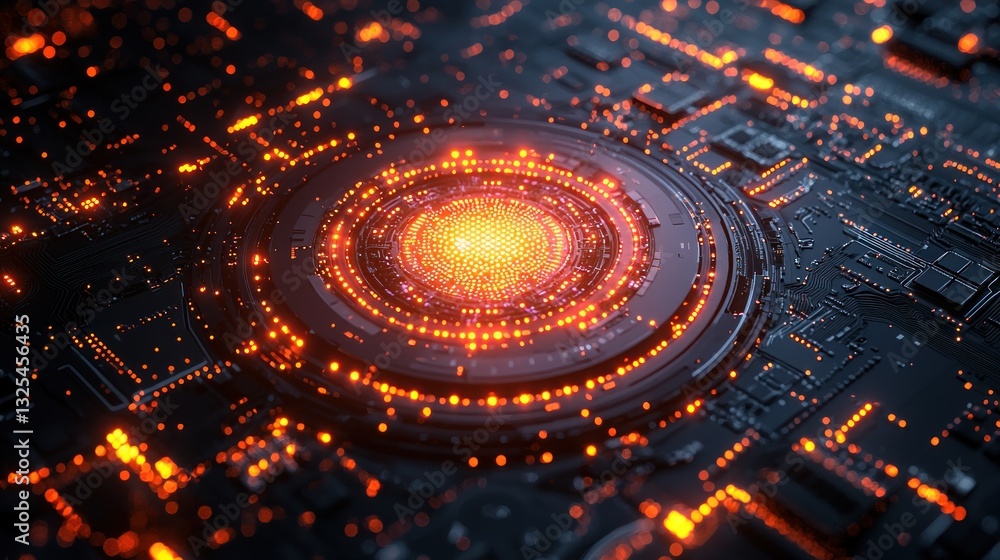 Poster glowing circular core on a futuristic circuit board.