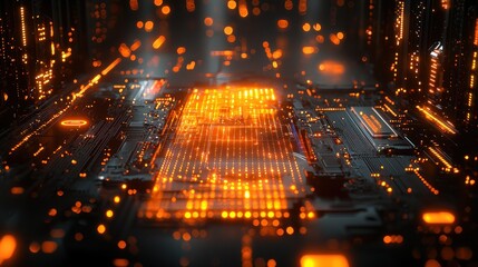 Obraz premium Glowing orange circuit board, futuristic technology.