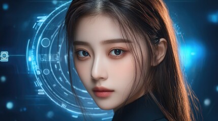 A futuristic HUD interface with sci-fi elements and holographic screens.