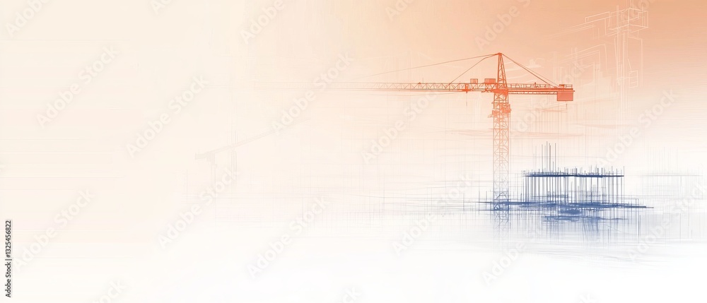 Aufkleber an abstract construction scene with a crane, featuring soft colors and faint outlines of a building 
