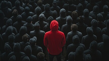 Obraz premium Standing Out in Urban Fashion: Red Hoodie Symbolizes Individuality Amidst Anonymity in Modern Society