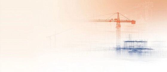 An abstract construction scene with a crane, featuring soft colors and faint outlines of a building under development.