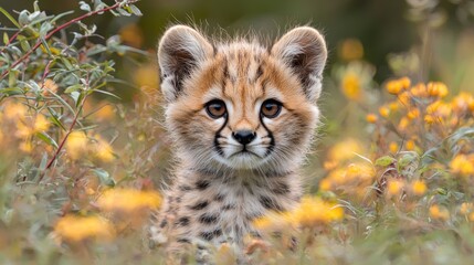 Obraz premium Adorable serval kitten amidst vibrant yellow flowers.