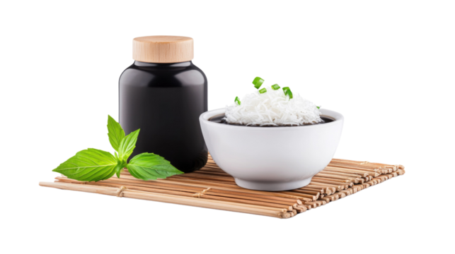 Fresh Rice Dish with Herbs and Sauce on Bamboo Mat in Minimalist Style - Powered by Adobe