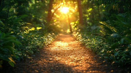 Obraz premium Sunlit path through lush green forest. (1)