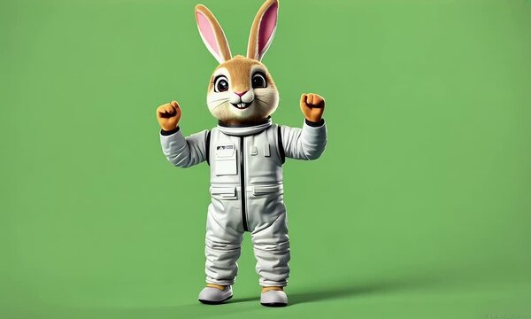 a rabbit in an astronaut jumpsuit executing a robotic groove dance with precise mechanical movements on a green screen background