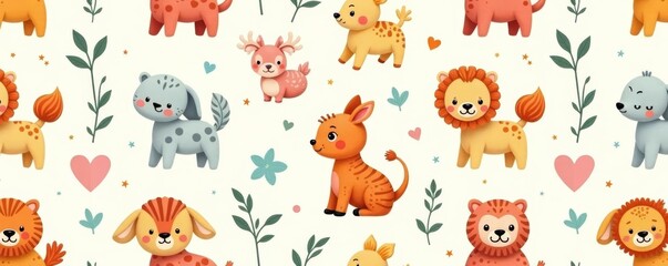 Obraz premium Adorable hand-drawn baby animals in a repeating seamless pattern, doodle, infant, childish