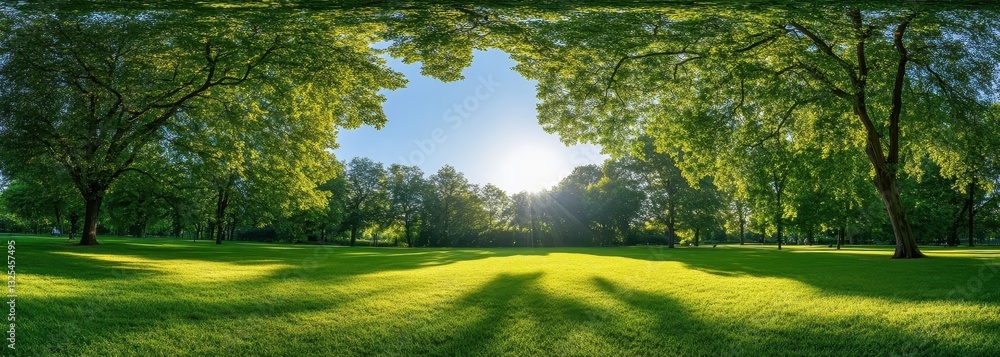 Aufkleber lush green grass under large trees with sunlight filtering through the leaves creating a serene and 