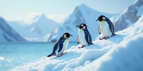 Fototapeta premium Adorable penguins scaling a snowy hill in unison, cute, snowy, scaling