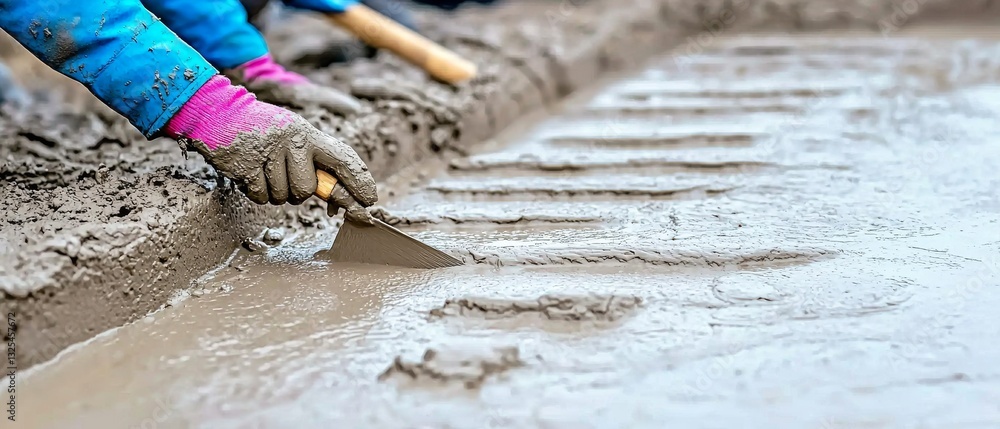 Poster a person working with wet cement, using a tool to create smooth lines in the surface, showcasing cra