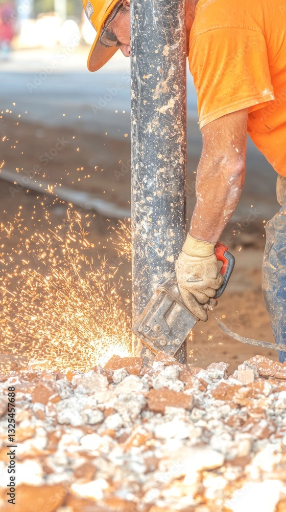 Poster a construction worker uses a tool, creating sparks while working on a project, focusing on safety an