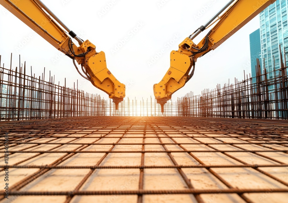 Aufkleber two robotic arms are positioned above a construction site with rebar structures, illuminated by the 