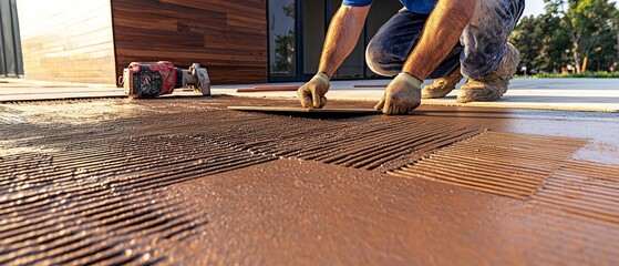 A person is laying tiles outdoors, working on a textured surface with tools, showcasing a construction or renovation project.