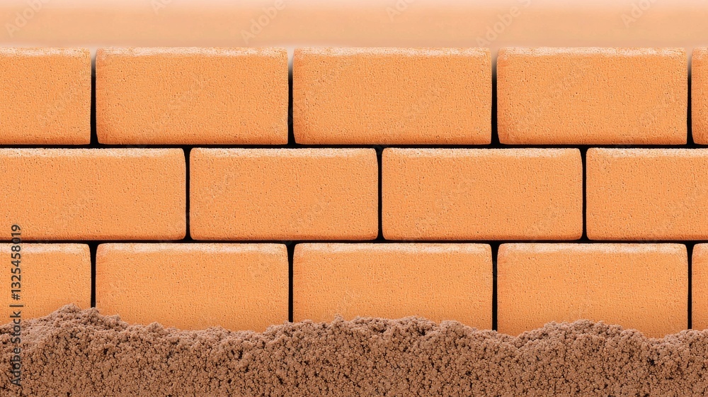 Poster a close-up view of a brick wall, featuring orange bricks stacked neatly with a layer of sand at the 