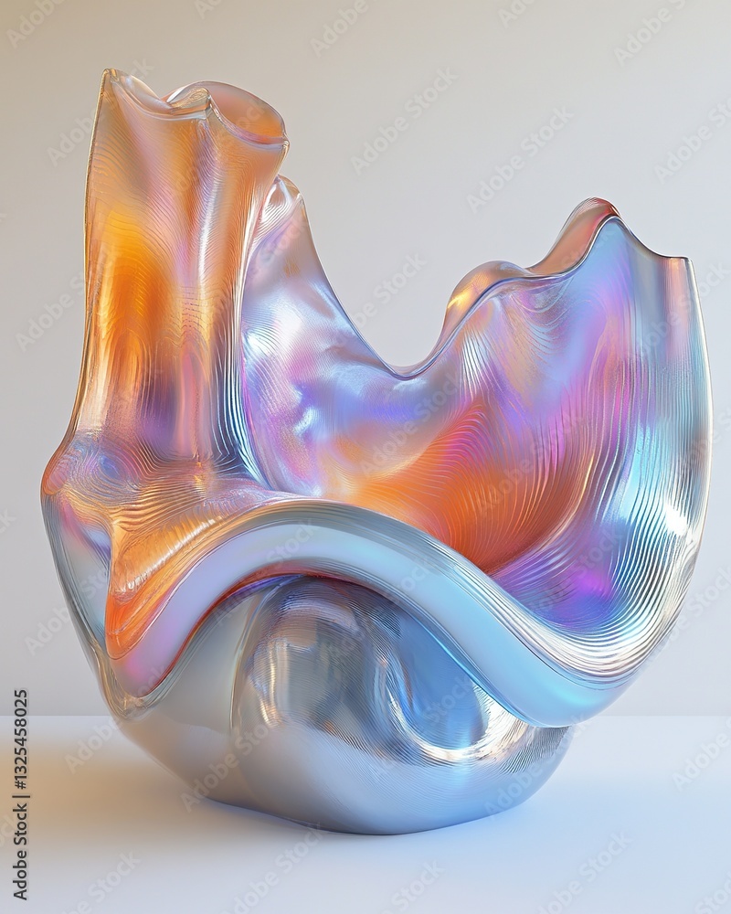Poster a modern iridescent sculptural abstract art object displayed in a studio
