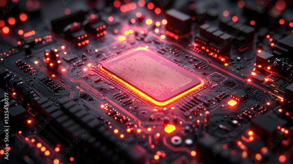 Poster illuminated central processing unit on circuit board.