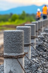 A close-up of concrete pillars lined along a construction site, with workers in the background, showcasing infrastructure development in a rural setting.
