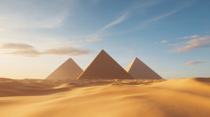 Majestic pyramids rise above golden sands under clear blue sky, showcasing ancient architecture in serene desert landscape