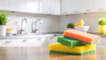 Scouring sponges on a clean kitchen counter, household items