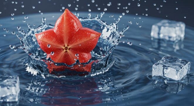 A vibrant star fruit splashes into a pool of water, surrounded by ice cubes, creating dynamic ripples