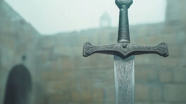 A historic fencing sword displayed in a museum with intricate engravings. - Powered by Adobe