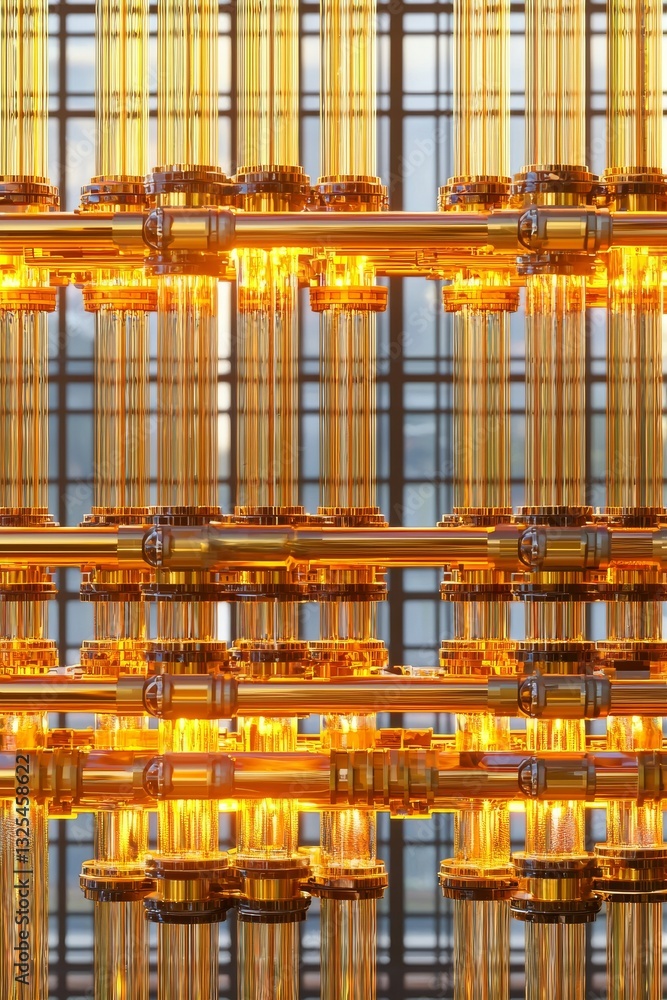 Poster a close-up view of intricate golden glass structures reflecting light, creating a warm, luminous amb