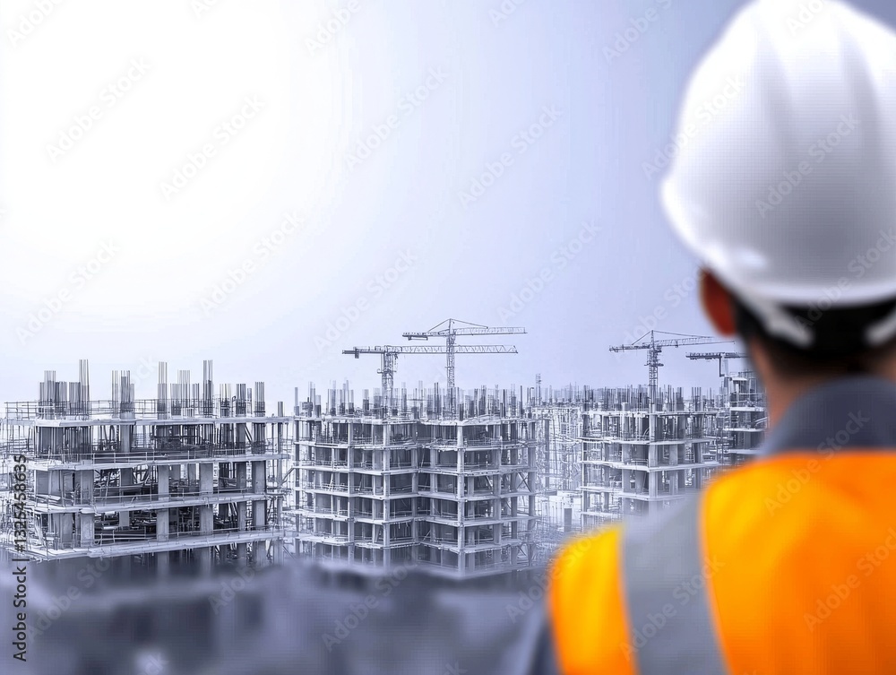 Aufkleber a construction worker observes ongoing building projects, highlighting the progress of modern infras