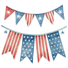 Fototapeta premium Independence DayPatriotic watercolor bunting with stars and stripes in red, white, and blue