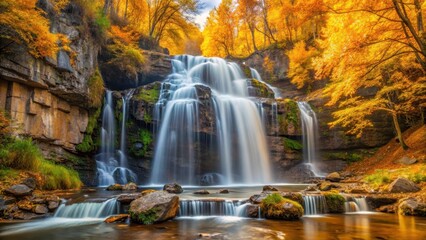 A majestic waterfall cascades down a rocky slope, surrounded by an ocean of golden yellow and orange autumn foliage, in a tranquil and idyllic setting , autumn foliage, nature wonder