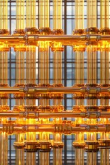 A close-up view of intricate golden glass structures reflecting light, creating a warm, luminous ambiance against a grid-like backdrop.