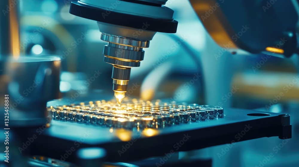 Poster a mechanical arm assembling microcomponents in a futuristic setting.