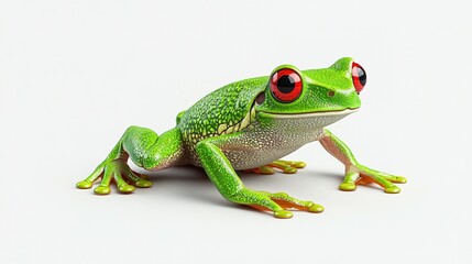 Obraz premium A vibrant green frog with bright red eyes on a plain background