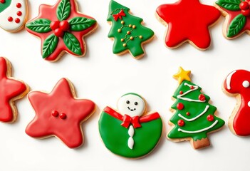 Assorted Christmas cookies, decorated, on pristine white background, tasty, sprinkles