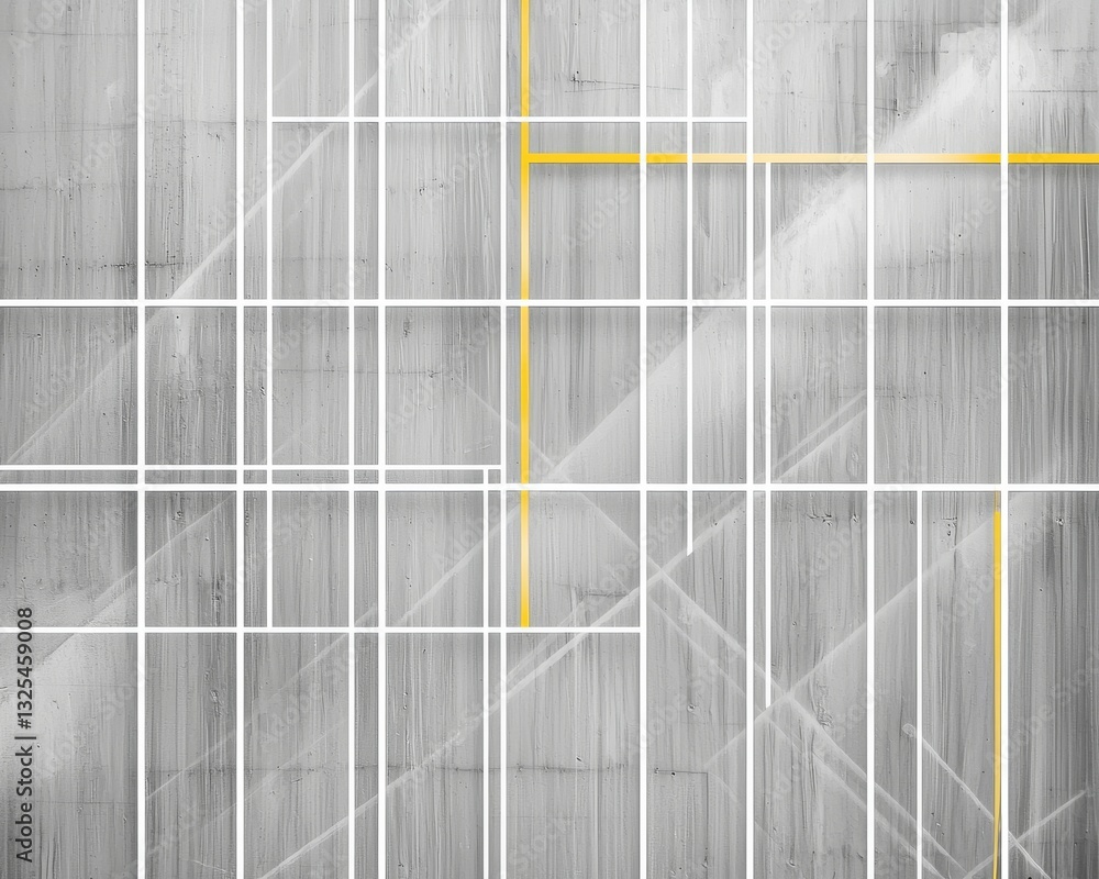 Poster a geometric abstract design featuring intersecting lines in white and yellow against a gray backgrou