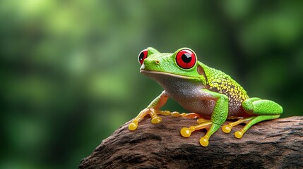 Obraz premium A colorful green frog with big red eyes is perched nicely