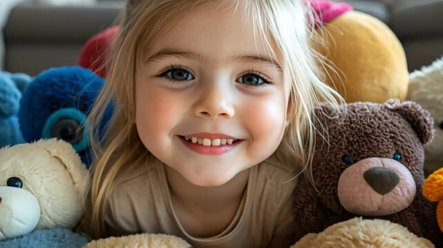 Smiling girl surrounded by stuffed animals and toys, radiating happiness in cozy setting filled with joy.