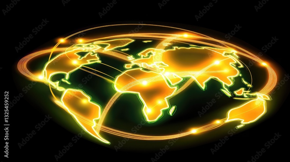 Poster a neon-outlined globe with interconnected data points.